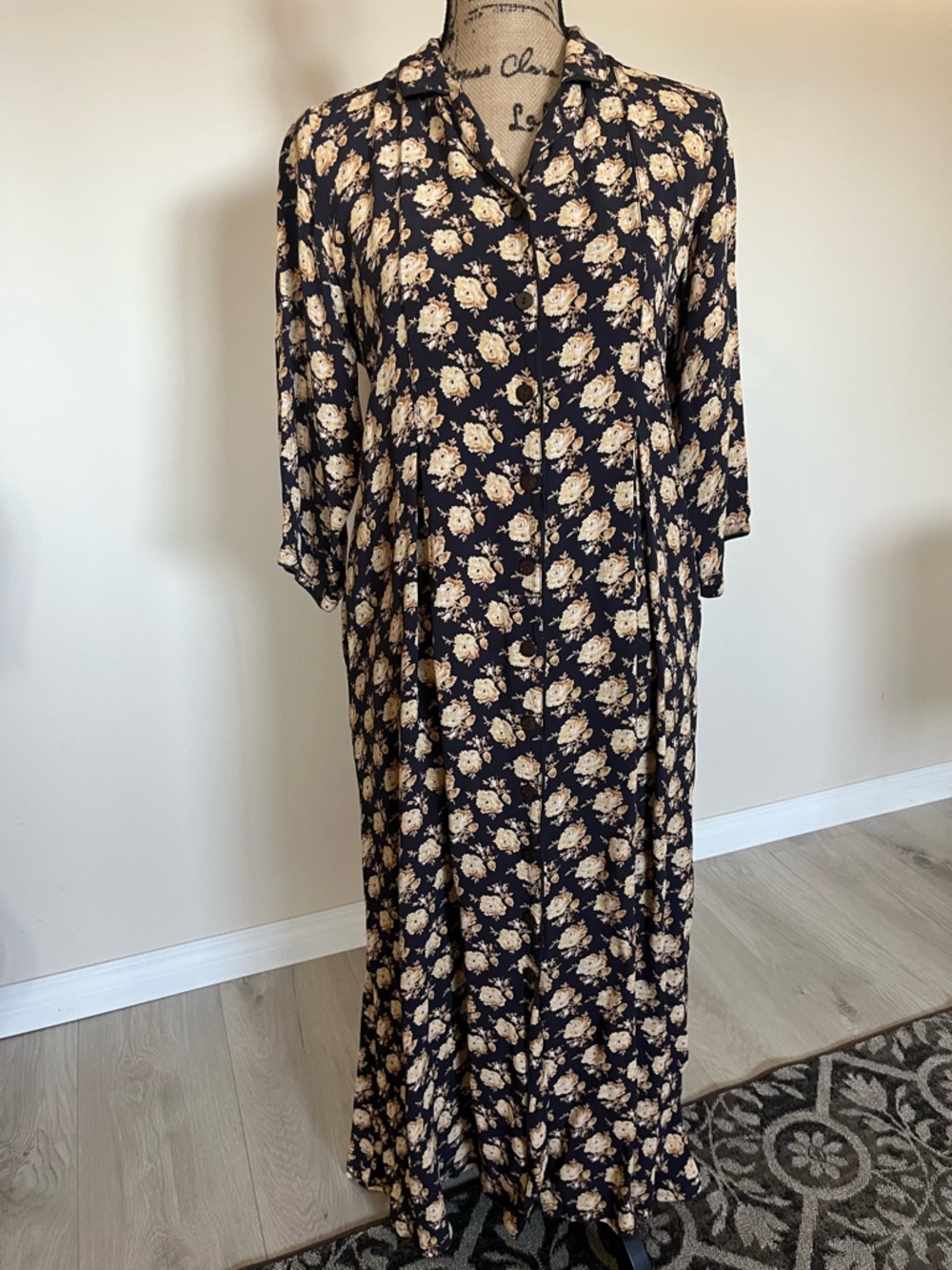 April Cornell Black Dress with Yellow Rose Print vintage Floral print size M - Picture 5 of 10
